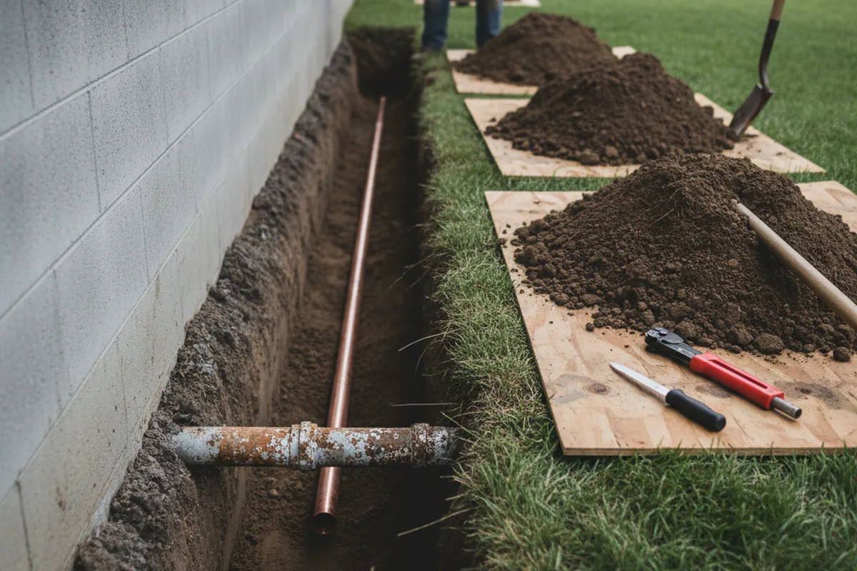 Excavated water line trench during Sewer Line Repair in Hill
